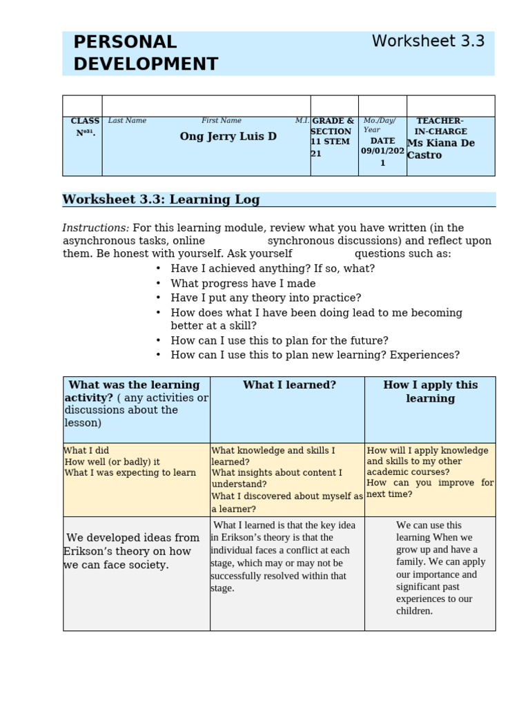 Worksheet 3 - Learning Log | PDF