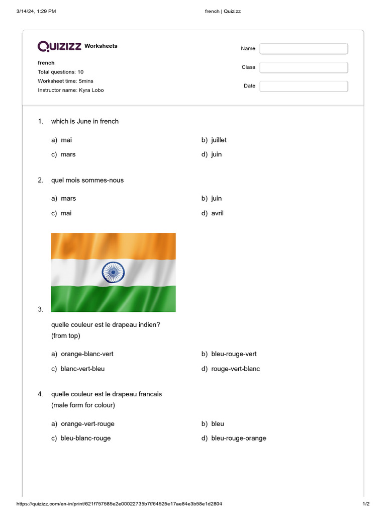 Class 5 Work Sheet French 5 | PDF