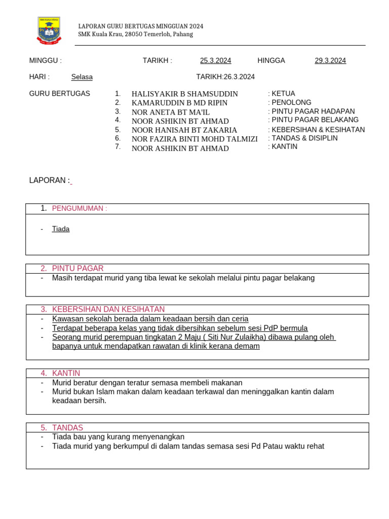 Borang Laporan Bertugas Harian Pdf