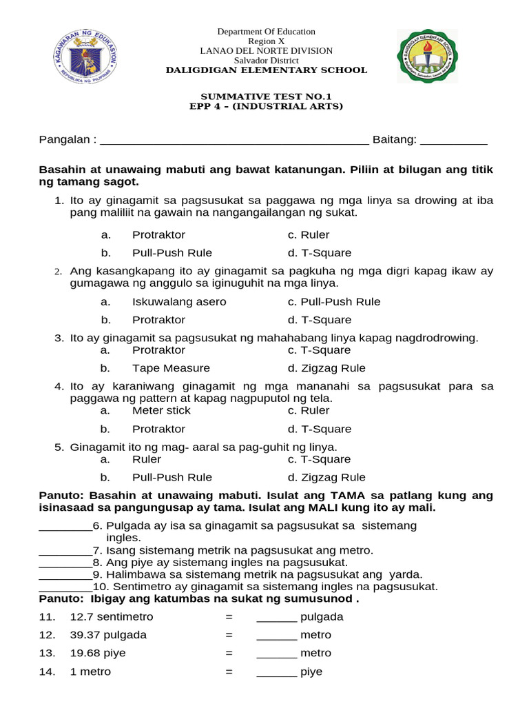 Summative Test EPP 4 Industrial Arts | PDF