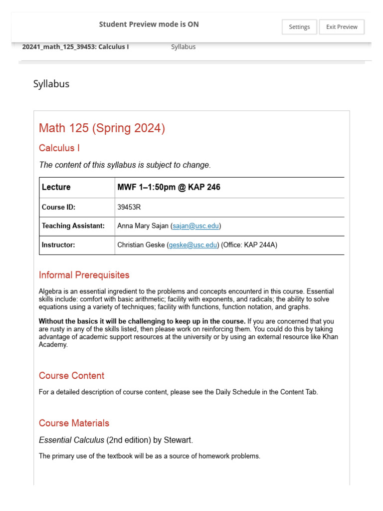 USC Math 125 Syllabus Spring 2024 | PDF | Academic Dishonesty