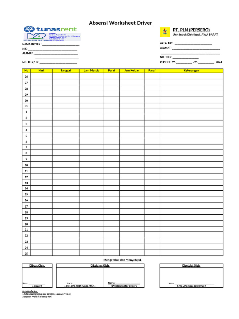 New Format Absensi, SPL, STPD Driver PLN UID JABAR - Update | PDF