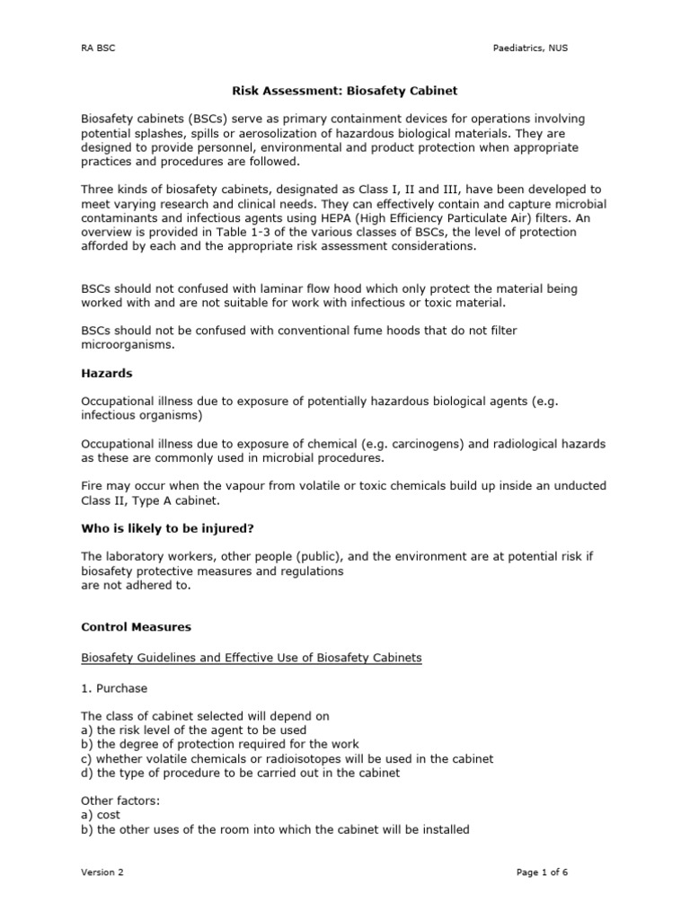 Biosafety Cabinet Risk Assessment | PDF
