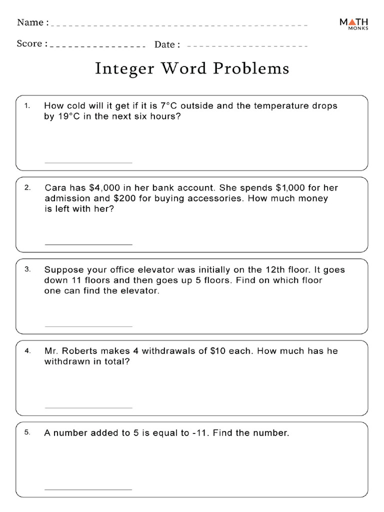 G7 - Integer Word Problems 15q | PDF