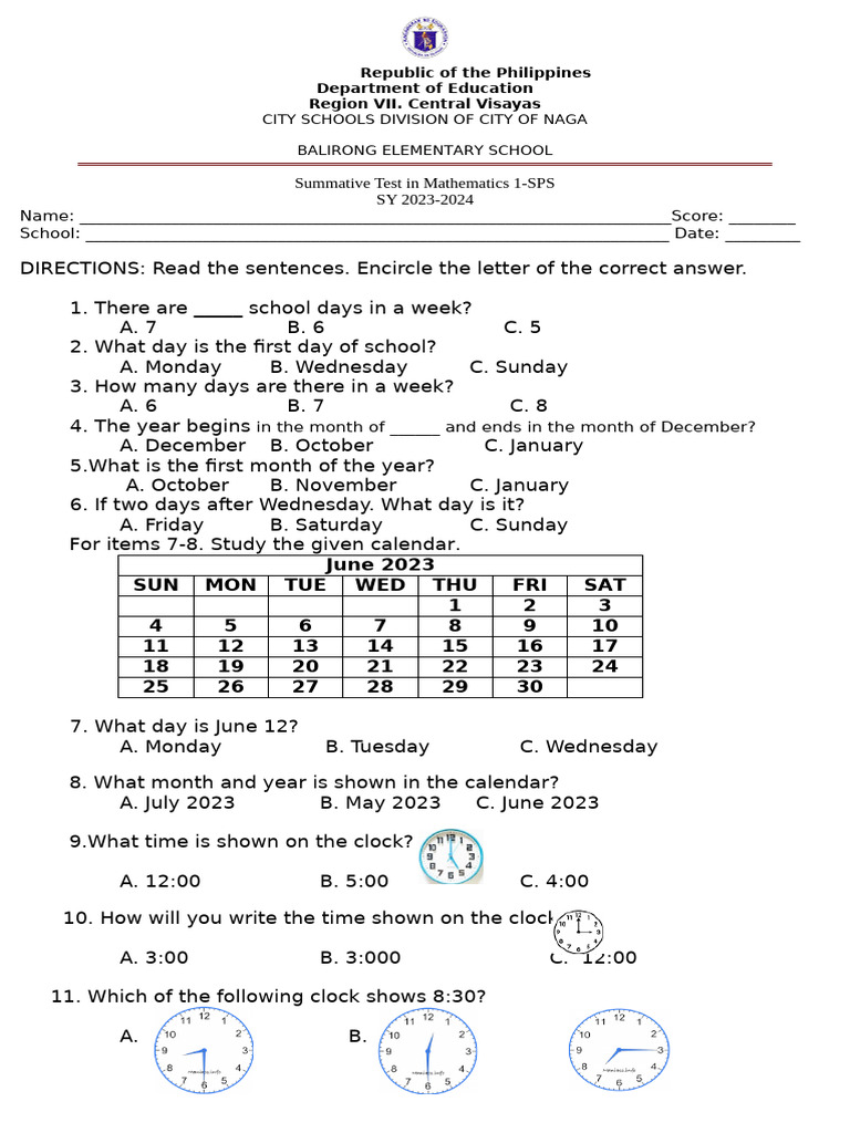 Summative Test in Math Sps | PDF