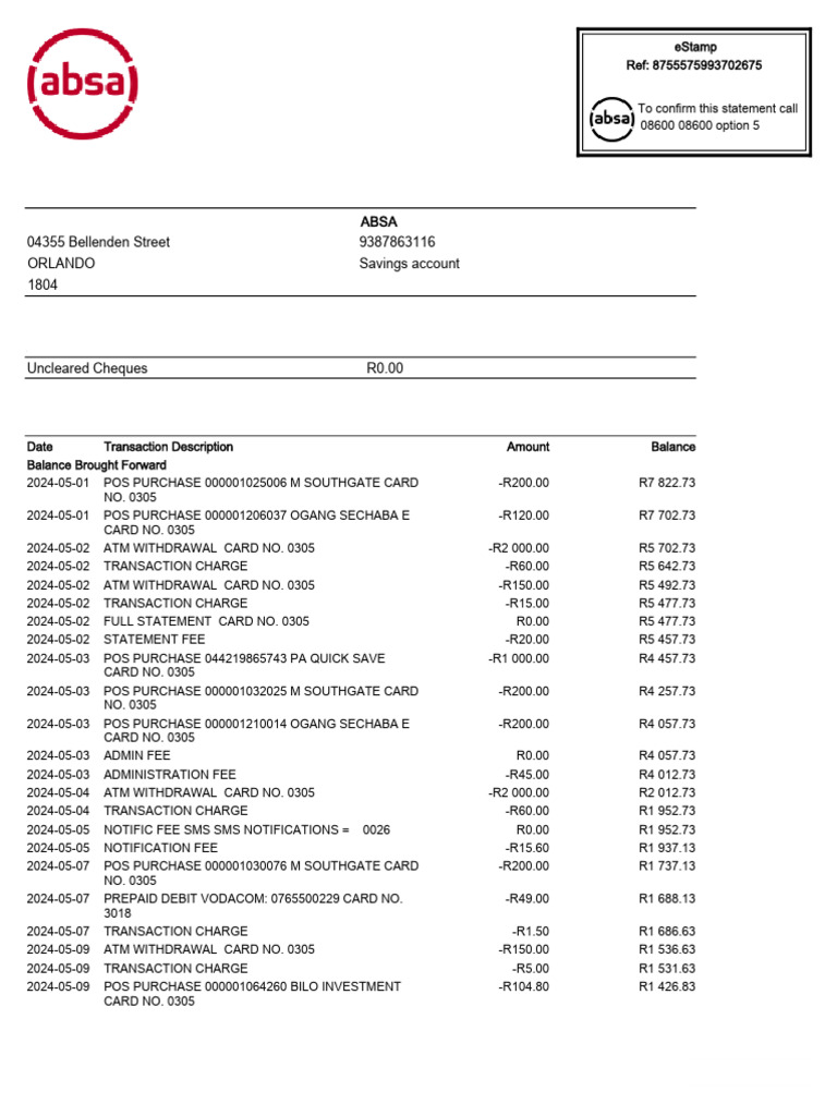 ABSA eStamp Statement Summary | PDF | Debit Card | Financial Services