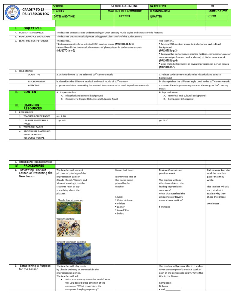 DLL Music Grade 10 Q1 W1 | PDF