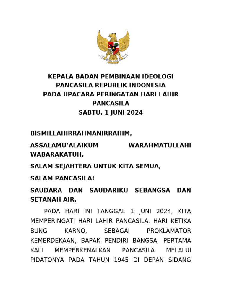 Sambutan Hari Lahir Pancasila 2024 | PDF