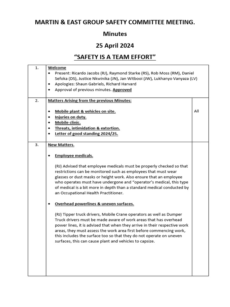 Safety Meeting Minutes (Apr 2024) | PDF