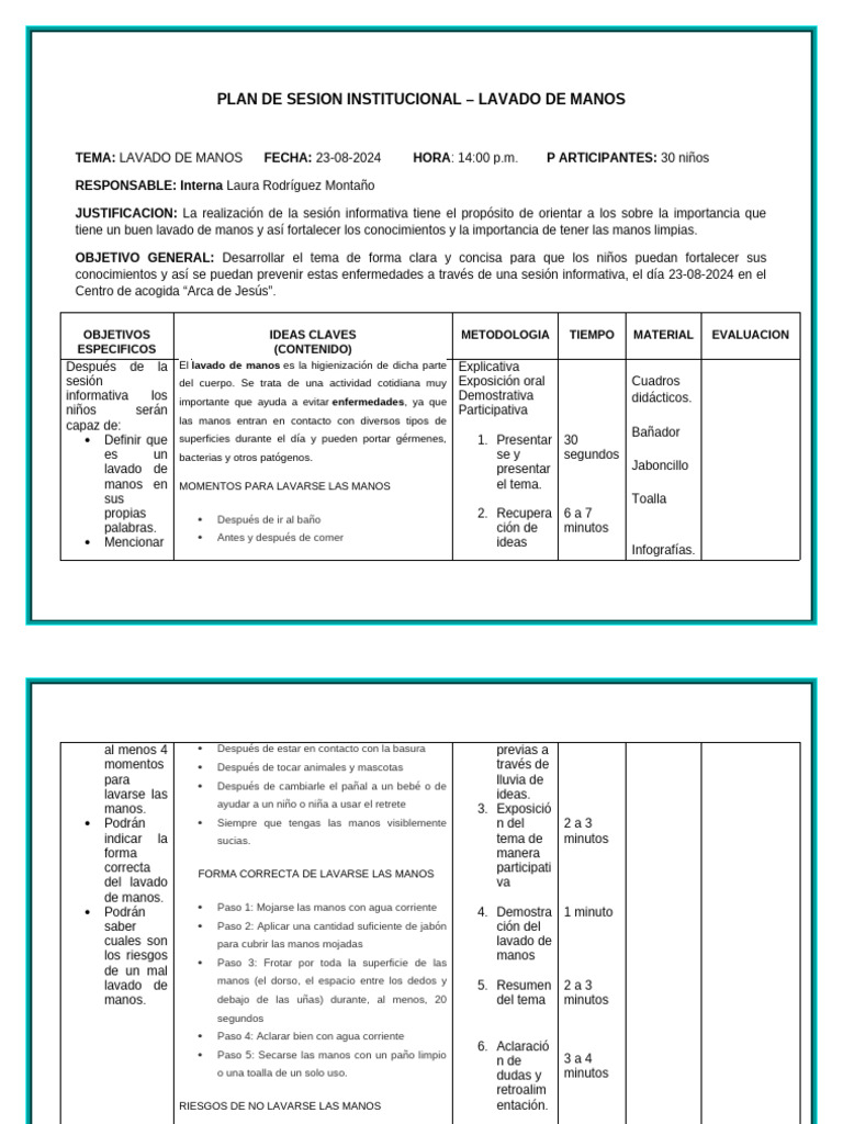 Plan de Sesion de Lavado de Manos | PDF