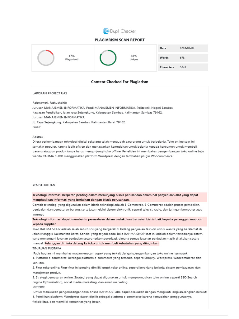 Duplichecker plagiarism report pdf