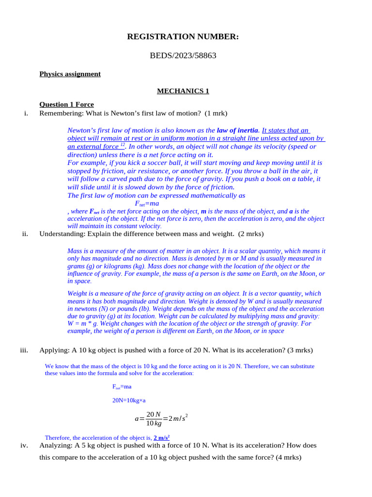 MECHANICS 1 Assignmement marking guide | PDF