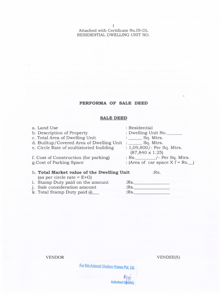 (Xxi) Performa of Sale Deed (Dwelling Unit) - Annexure - 19 | PDF