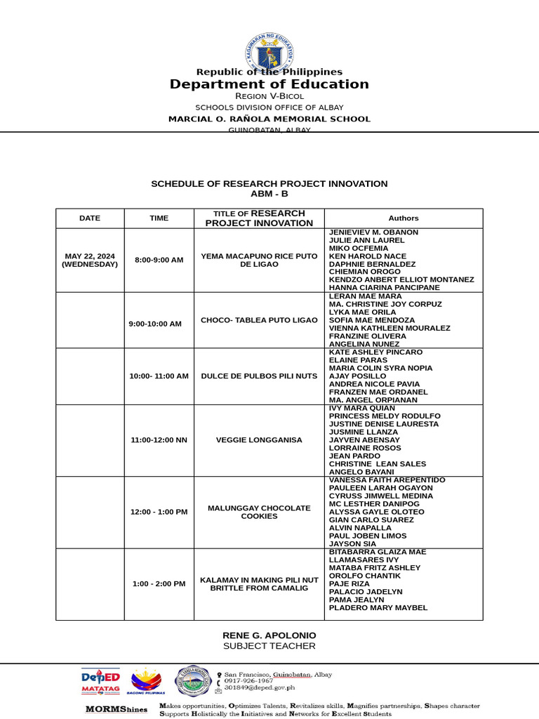 Abm B Schedule For Final Defense | PDF
