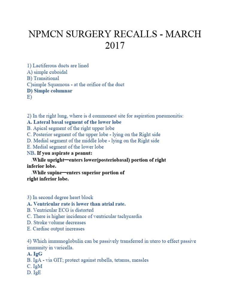 Ans. NPMCN Surgery Recalls, March 2017 PDF