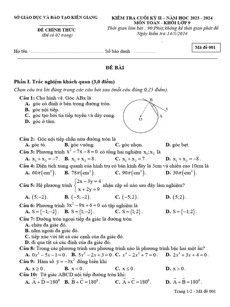 De Kiem Tra Cuoi Ky 2 Toan 9 Nam 2023 2024 So GDDT Kien Giang | PDF