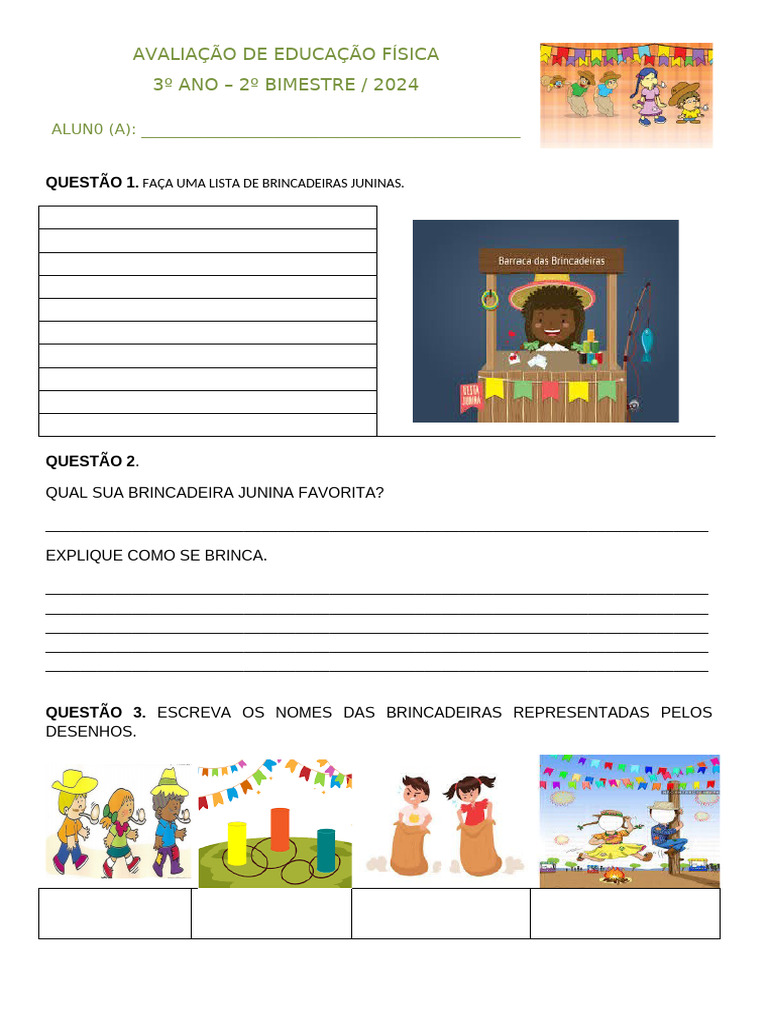 Avaliação de Educação Física - 3º Ano | PDF | Esportes e Recreação