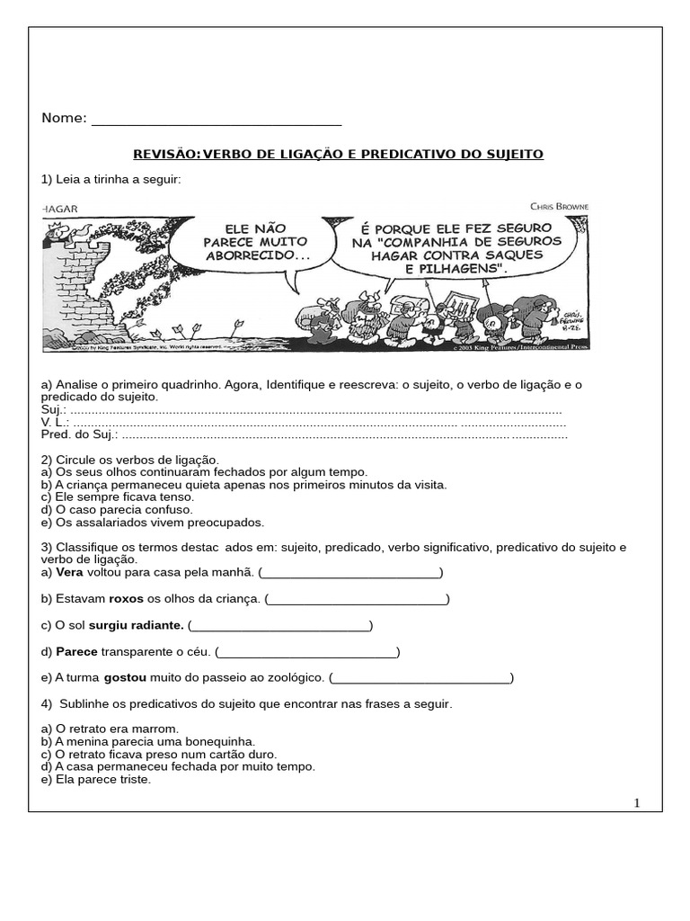 Atividade 9° Ano A Verbo de Ligação Revisão | PDF