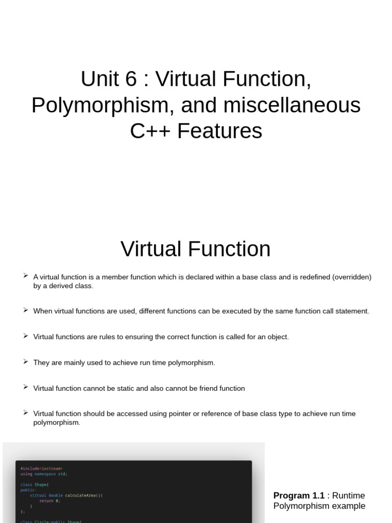 Unit - 6 Virtual Function, Polymorphism and Misc C++ Features | PDF