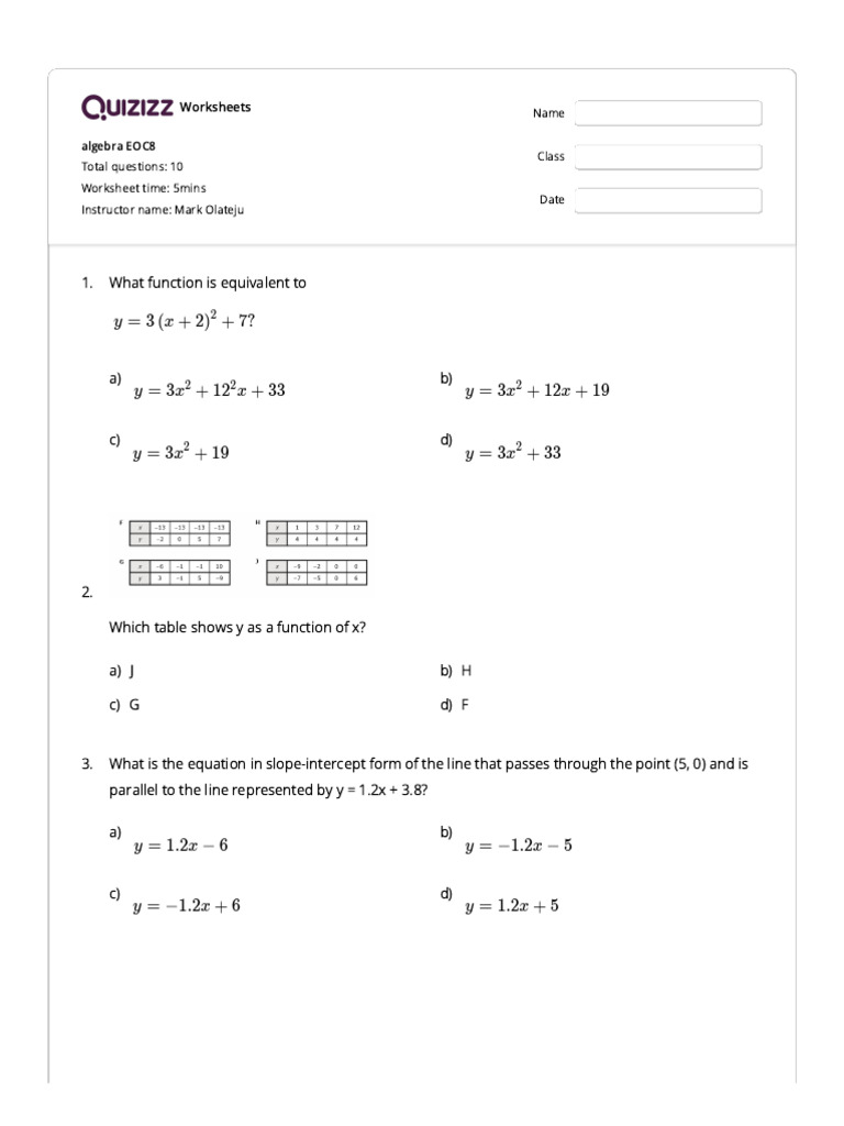 Quizizz Algebra Eoc8 Pdf