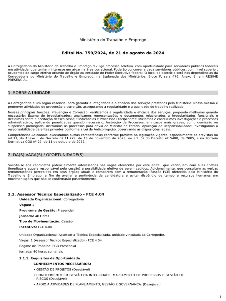 Processo Seletivo Corregedoria MTE 2024 | PDF | Ministério ...