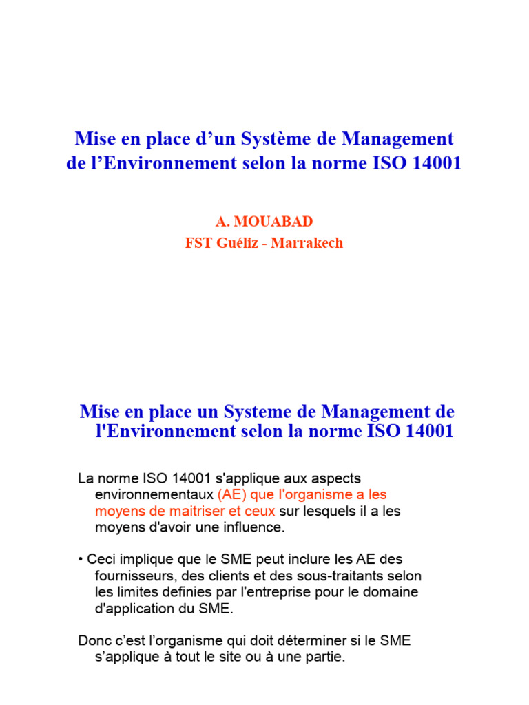 Mise en Place D'un Système de Management de L'environnement Selon La ...