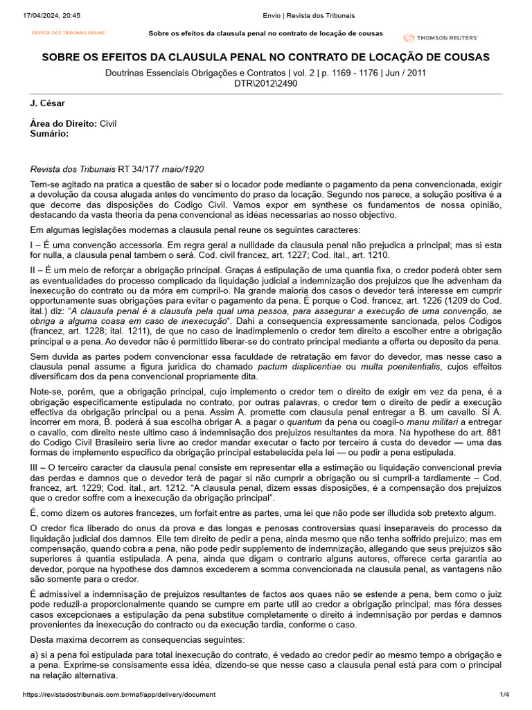 Sobre Os Efeitos Da Clausula Penal No Contrato de Locação de Cousas | PDF