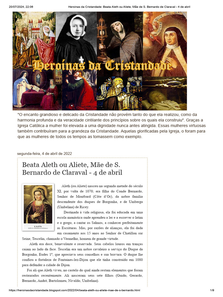 Heroinas Da Cristandade - Beata Aleth Ou Aliete, Mãe de S. Bernardo de ...