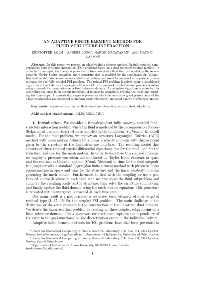 Adaptive Finite Element Method For Fluid Structure Interaction | PDF