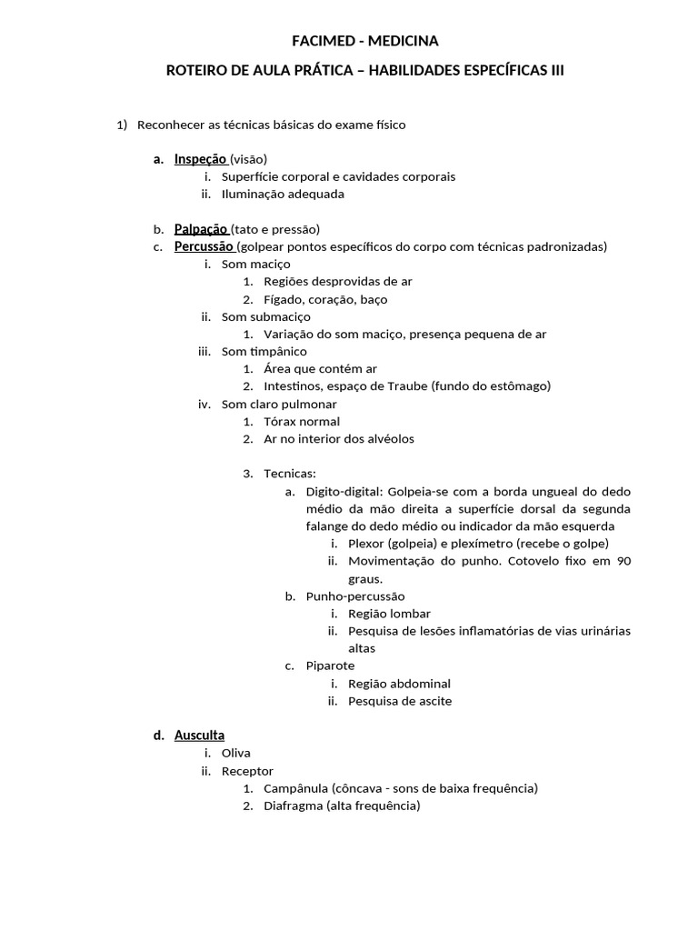 Roteiro Tecnicas Básicas Do Exame Físico Pdf