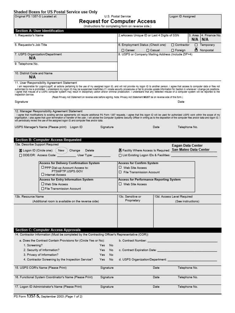 Request For Computer Access: Shaded Boxes For US Postal Service Use ...