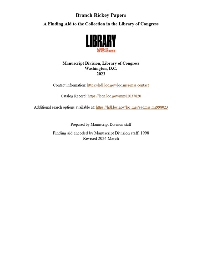 Branch Rickey Papers | PDF | Jackie Robinson | Library Of Congress