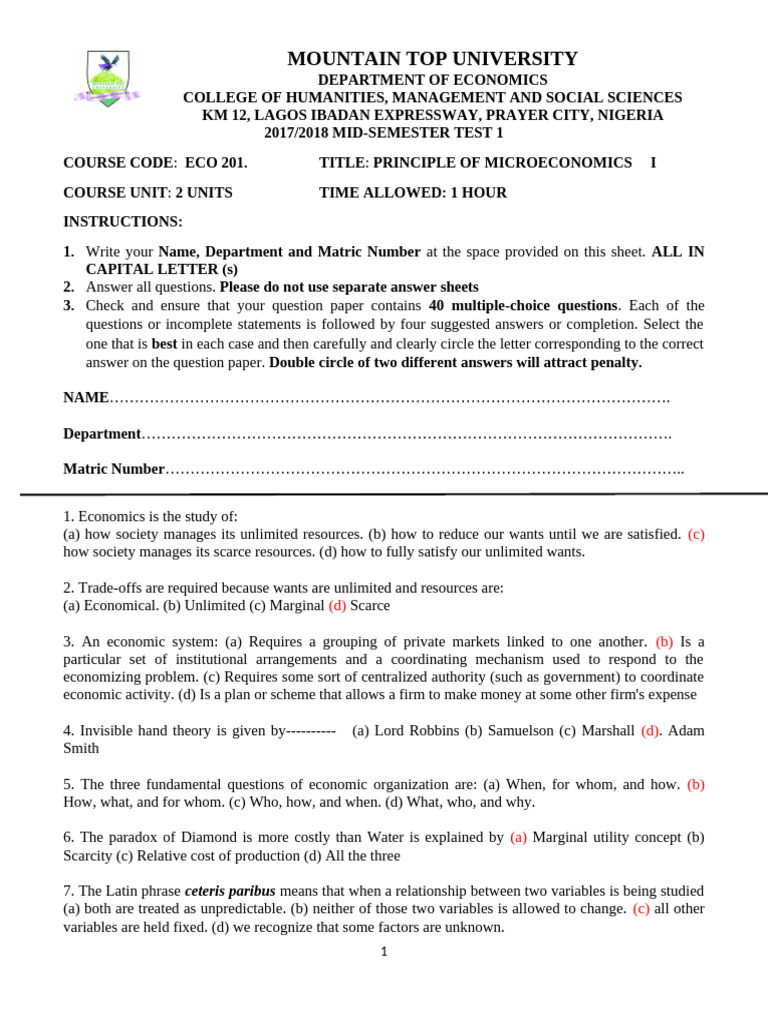 Eco 201 objective questions and answers test 1 pdf