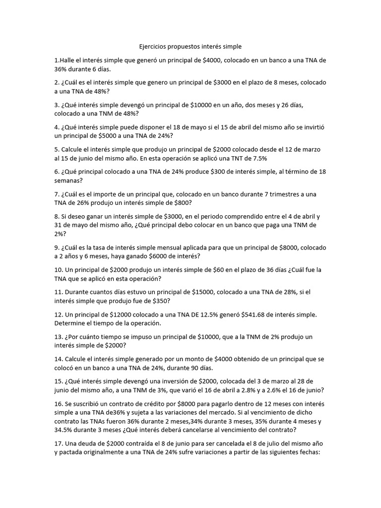 Ejercicios de Cálculo de Interés Simple | PDF | Crédito | Finanzas y dinero