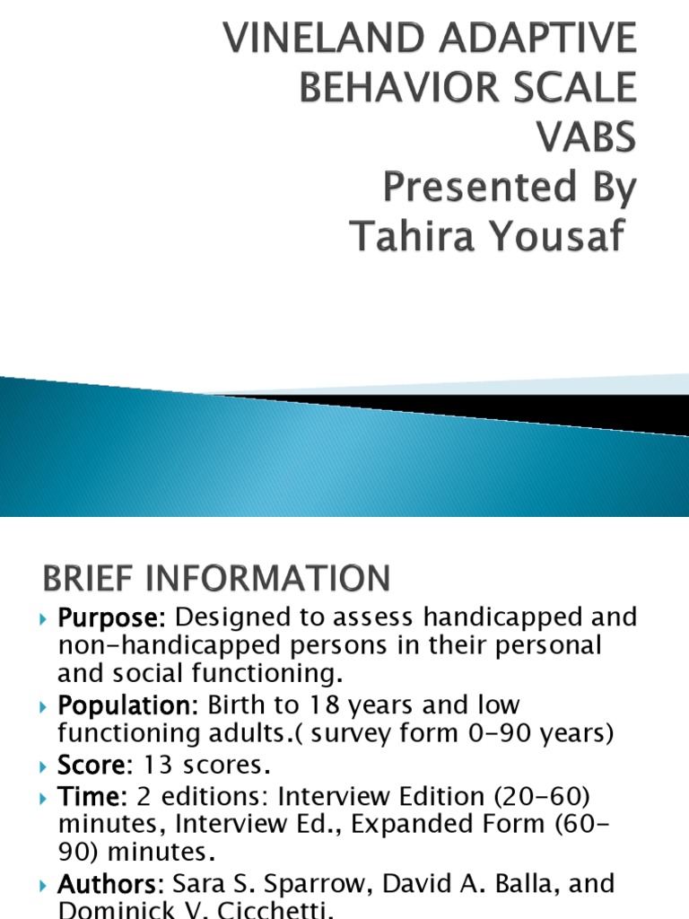 Vineland Adaptive Behavior Scale Vabs Intellectual Disability