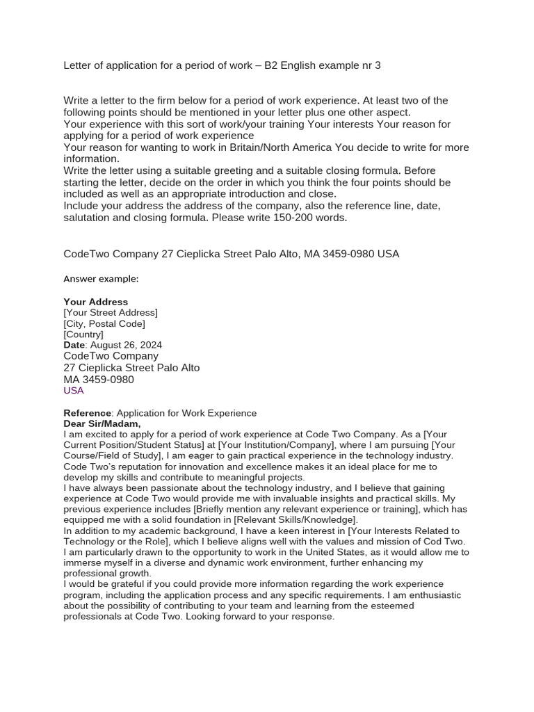 Letter of Application For Work - B2 English Example NR 3 | PDF
