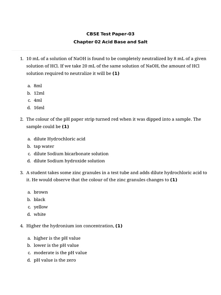 Cbse Test Paper-03 02 Acid Base and Salt | PDF