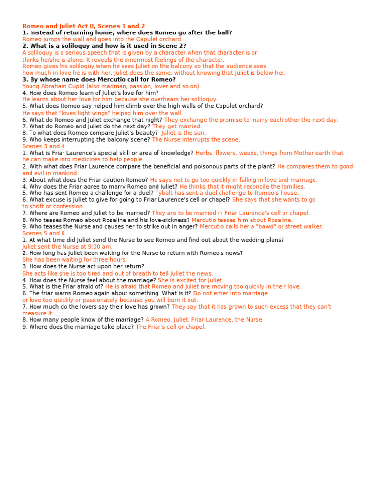 Romeo and Juliet Act II Questions and Answers Study Guide PDF