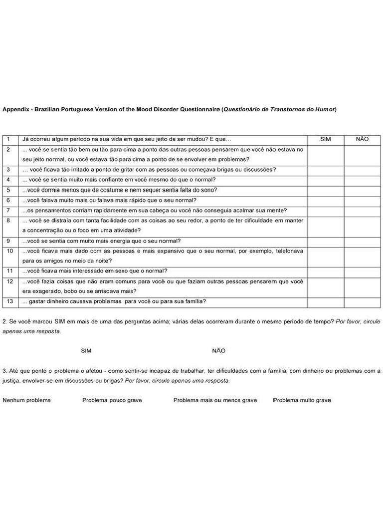 Mood Disorder Questionnaire (Questinário de Transtrornos Do Humor) | PDF
