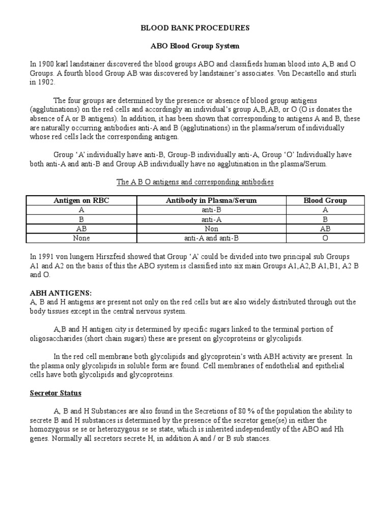 Blood Bank Procedures Blood Type Clinical Pathology