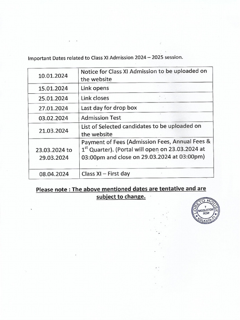 Important Dates Class XI Admission - 2024 - 2025 | PDF
