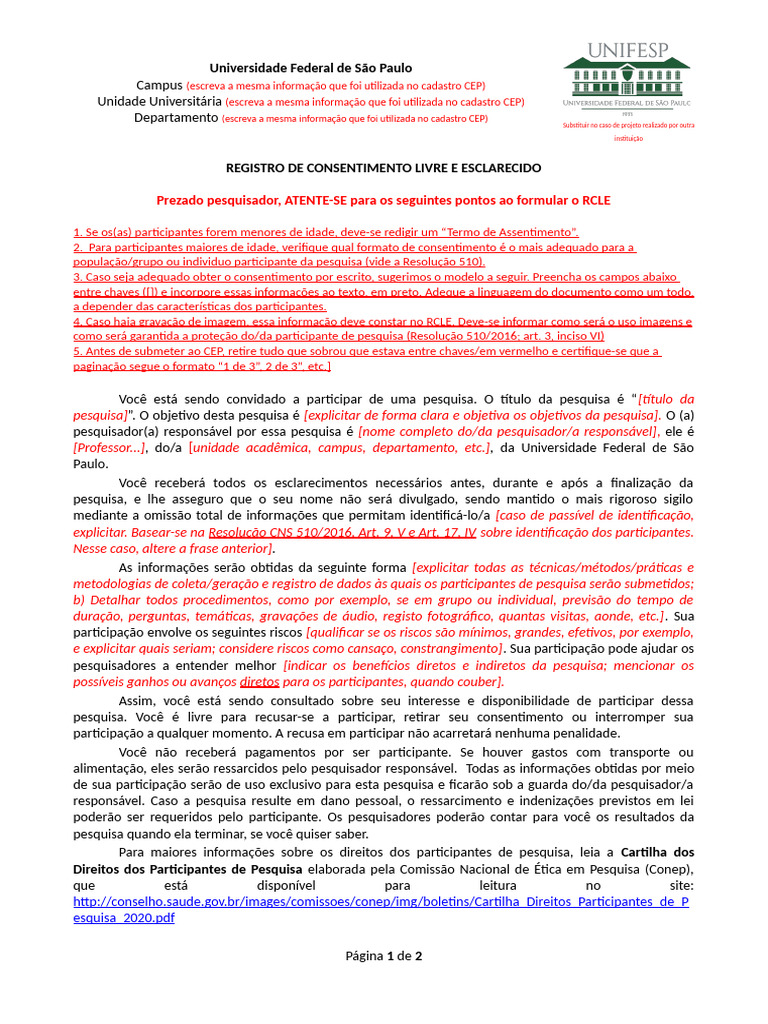 Modelo RCLE CHS CSA CEP Unifesp Novoendereco | PDF