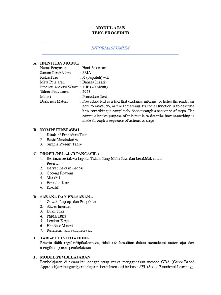 Modul Ajar - Procedure Text - 17 Mei 2023 | PDF
