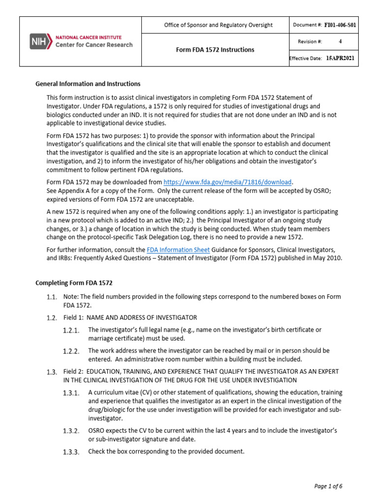 FI01-406-S01 R4 Form FDA 1572 Instructions | PDF