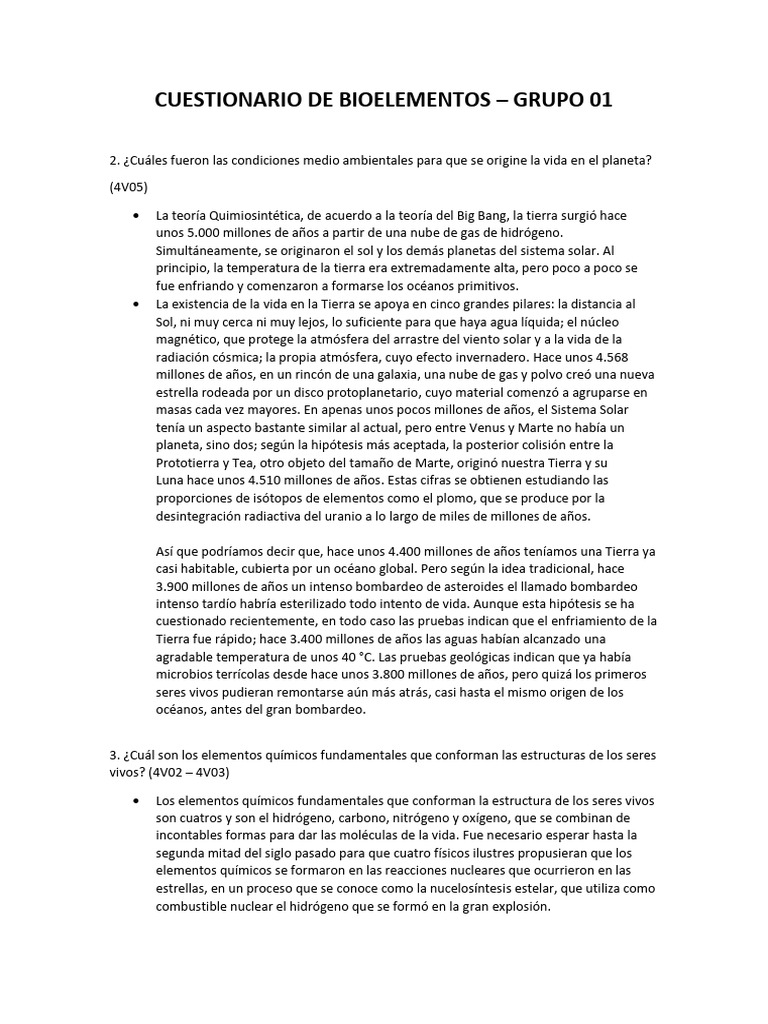 Cuestionario de Bioelementos - Grupo 01 | PDF | Tierra | Ciencia y ...