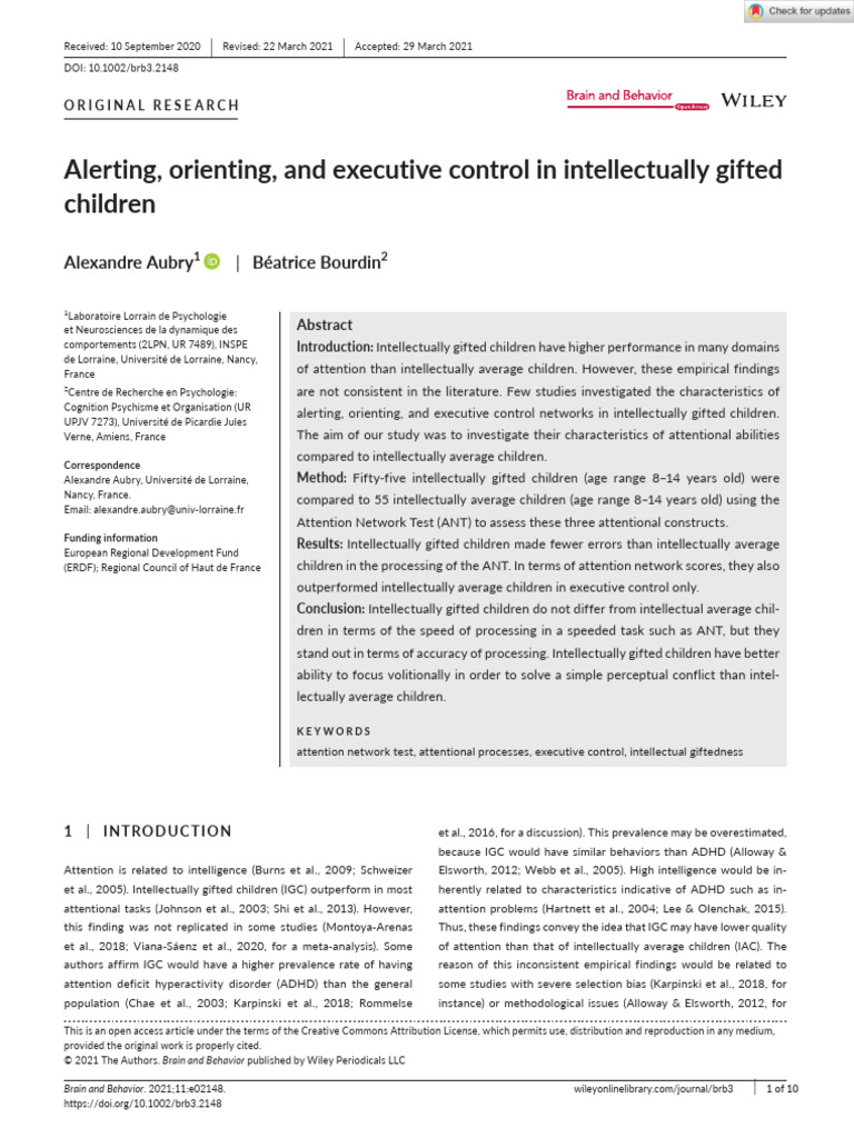 Brain and Behavior - 2021 - Aubry - Alerting Orienting and Executive ...