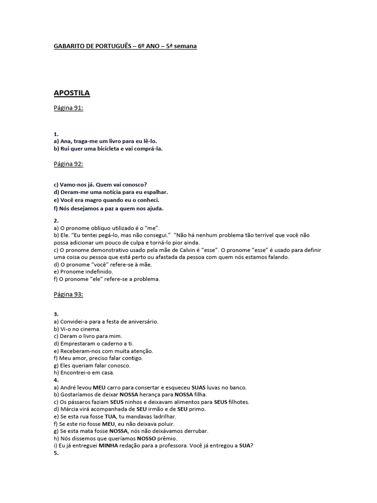 Gabarito de Português 6º Ano 5 Semana | PDF