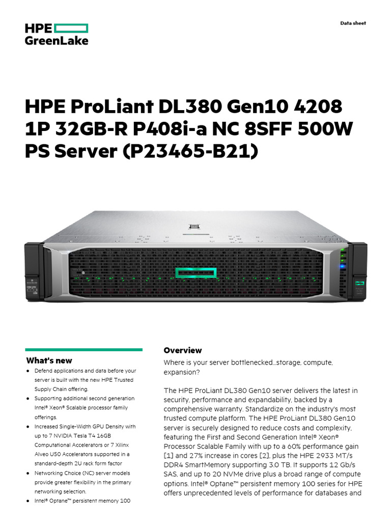 Hpe Proliant Dl380 Gen10 4208 2.1ghz 8-Core 1p 32gb-r P408i-A NC 8sff ...