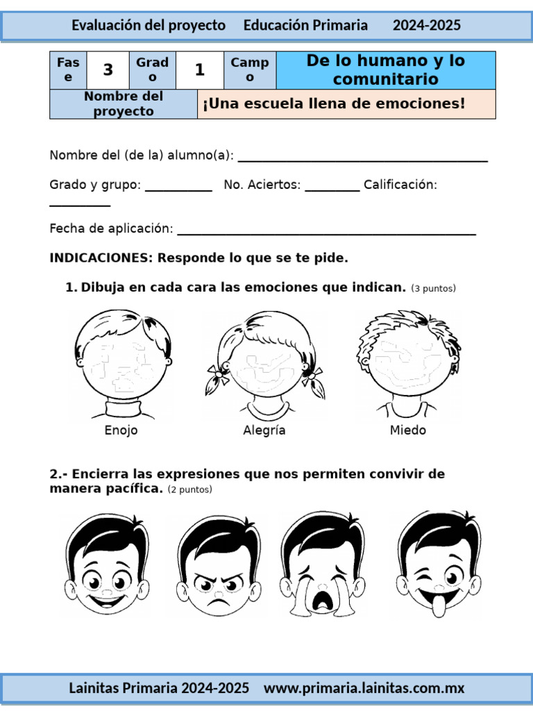 Evaluación de emociones en primer grado | PDF | Las emociones ...