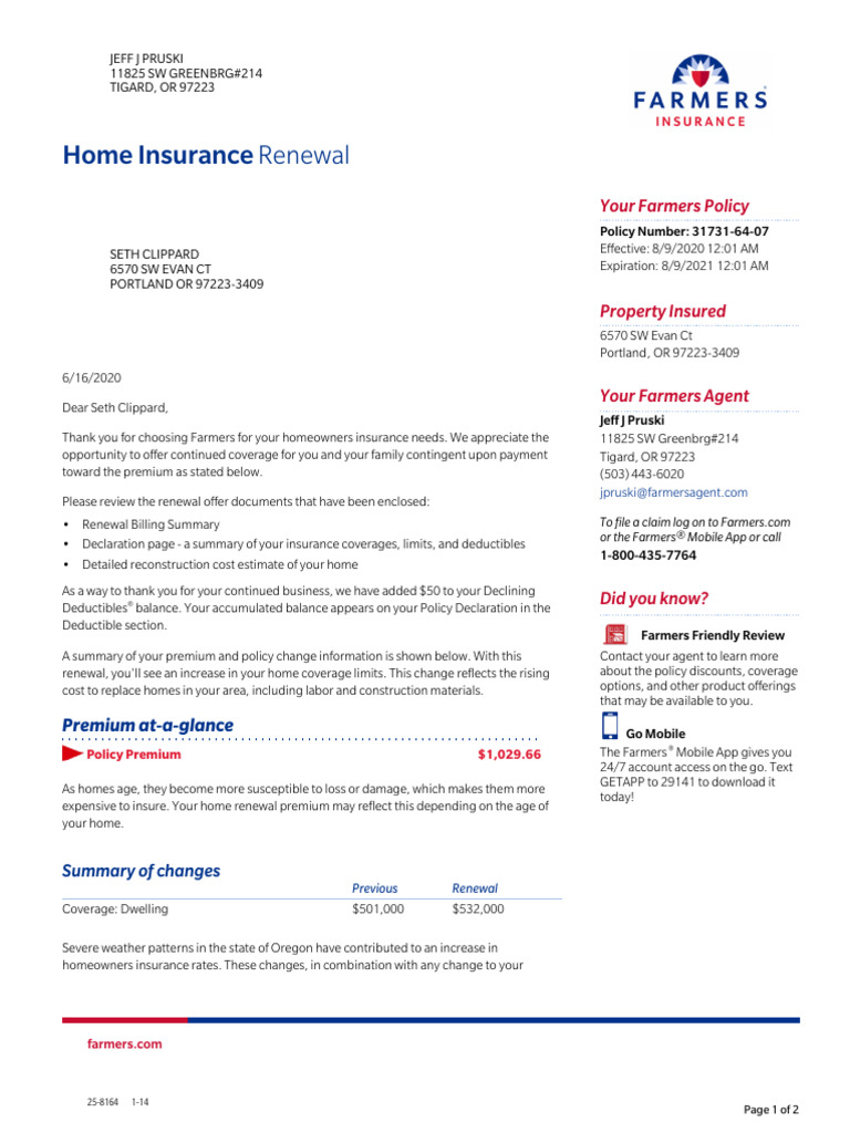 Home Insurance Renewal: Your Farmers Policy | PDF
